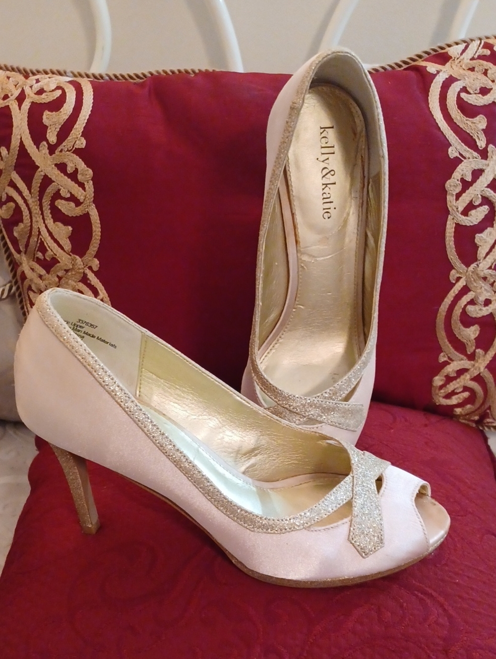 Kelly & Katie Gold Satin Peep-Toe Heels with Gold Glitter Trim